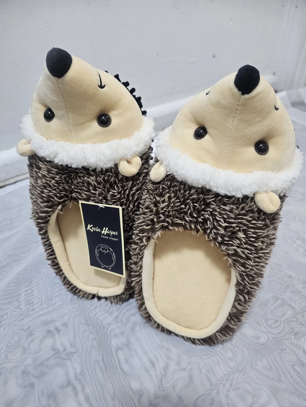 Kevin Harper Women’s US 7 Plush Hedgehog Slip-On Slippers Brown Beige Round Toe